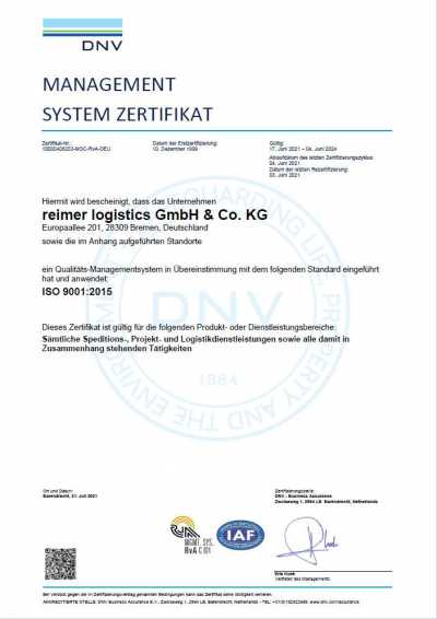 ISO 9001:2015 Zertifikat reimer logistics